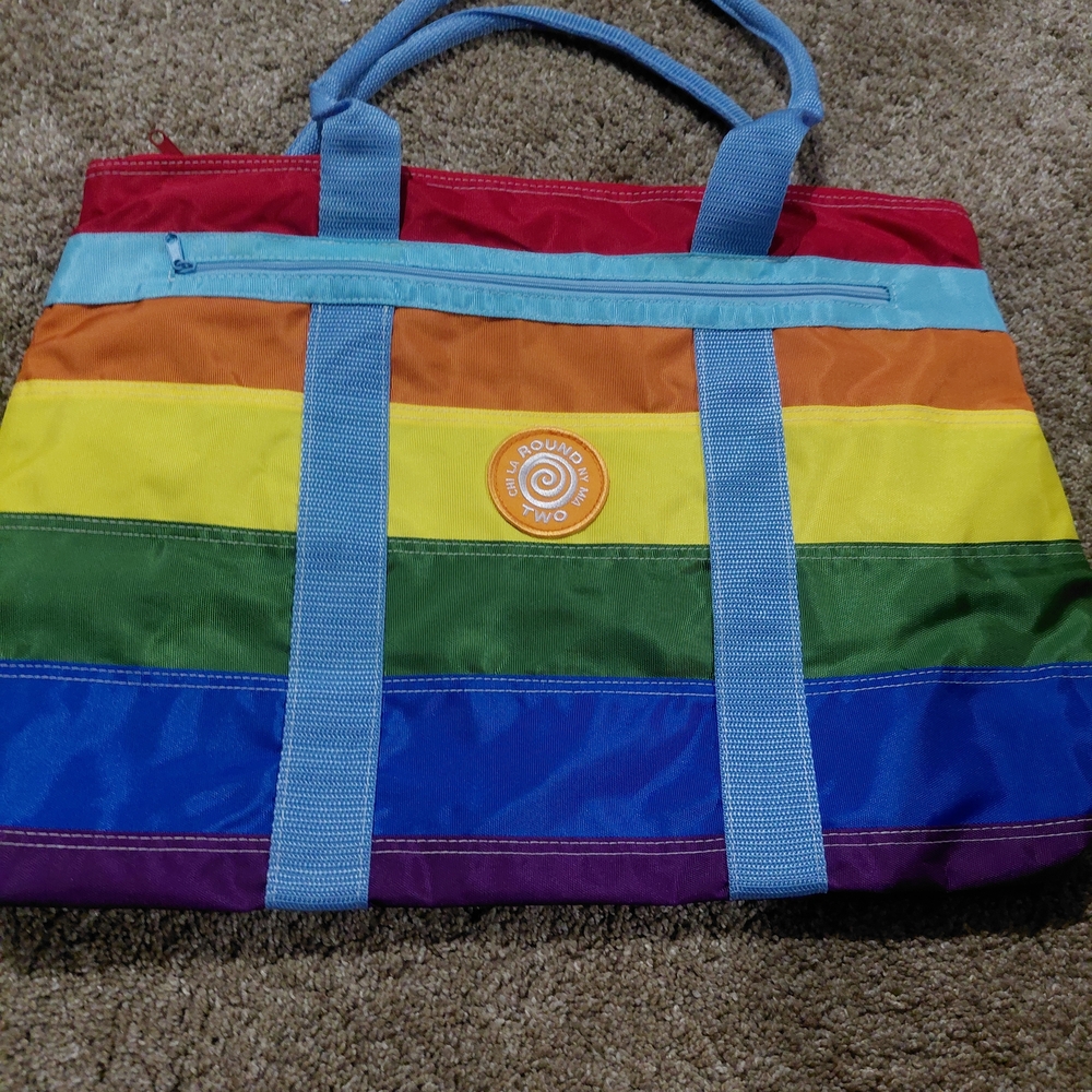 Colorful Striped Tote Bag with Blue Handles